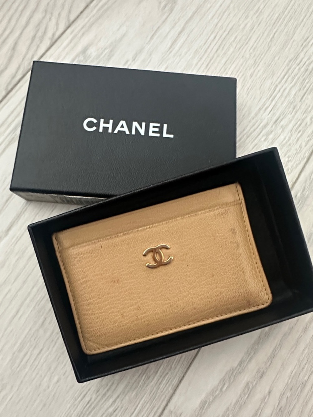 Chanel Beige Leather Card Holder with Gold CC Logo
